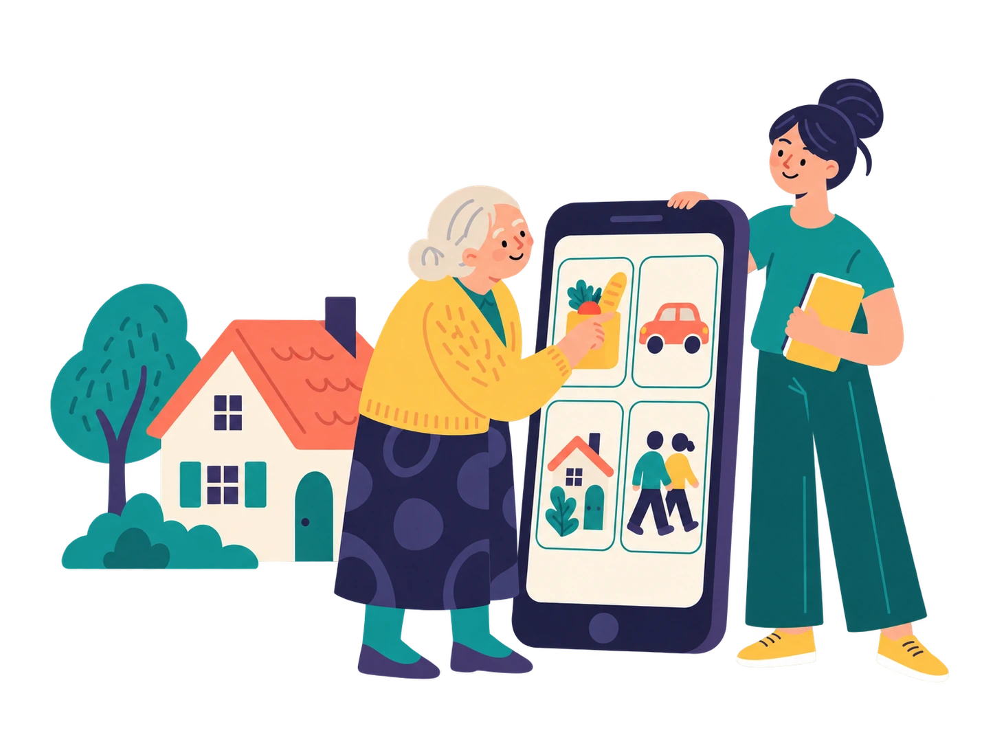 Eine ältere Person bedient ein großes Smartphone, begleitet von einer jüngeren Person; ein allgemeines Dorfhaus steht im Hintergrund.